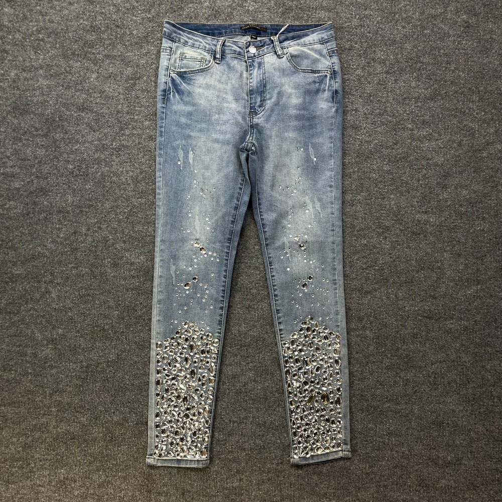 Denim Couture Red Rhinestone Studded Leg Jeans Women's Blue Embellished - 11 NWT